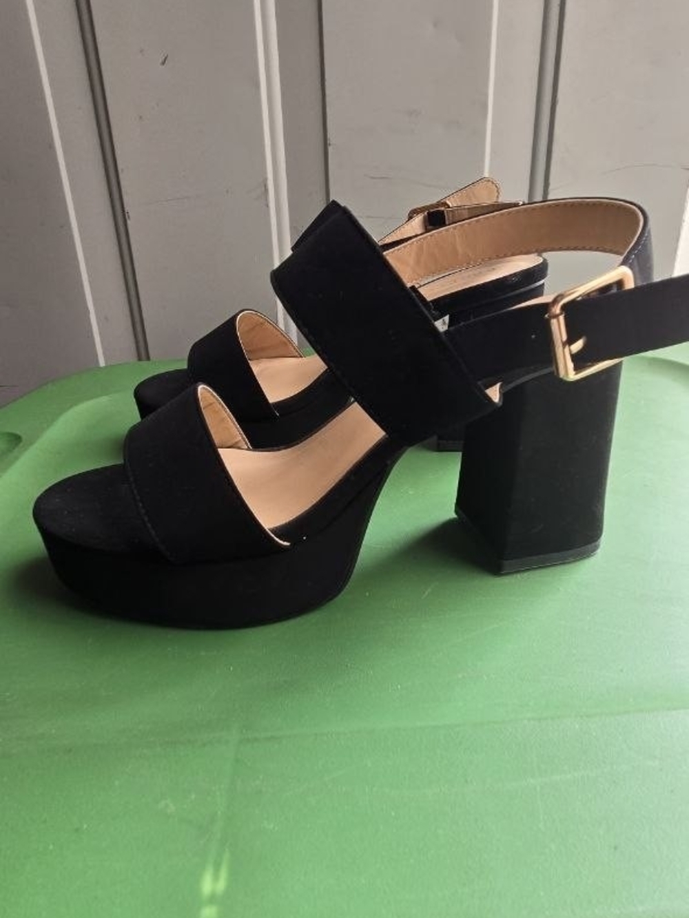 Bamboo Strikeout-10 Black Platform Block Heel Sandals Women's Size 9 Ankle Strap